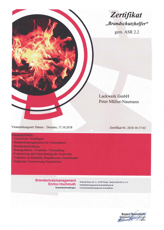 Zertifikat Brandschutz Lackwerk LW GmbH